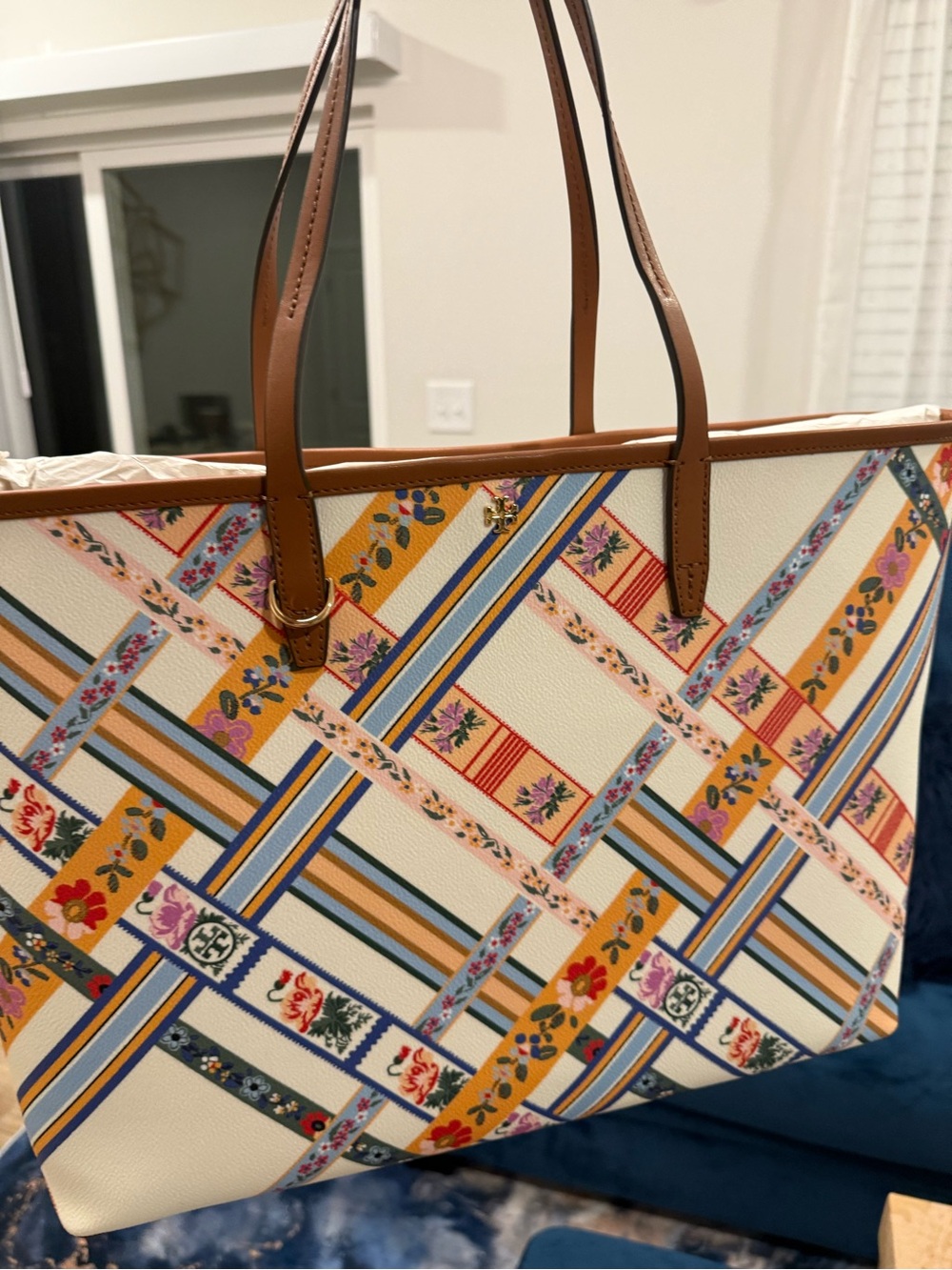 Tory Burch Stripe Tote Bag in Cream and Brown